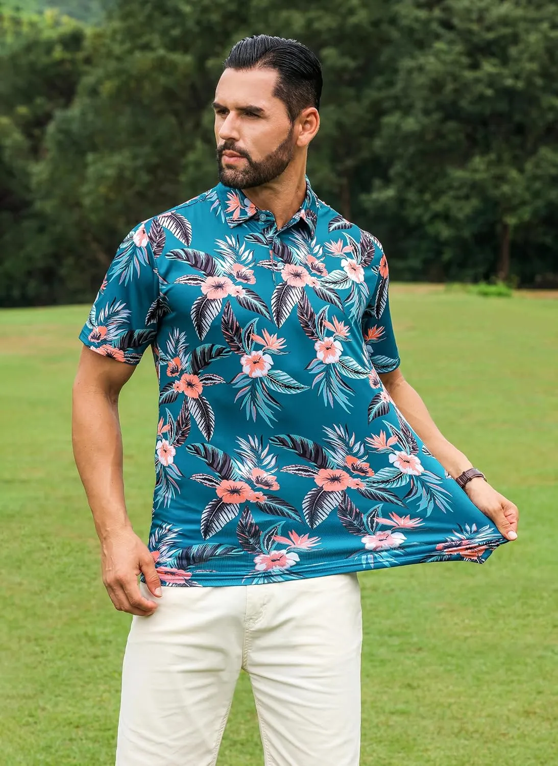 APTRO Men's Polo Shirts Short Sleeve Moisture Wicking Fashion Print Hawaiian Golf Shirts for Men