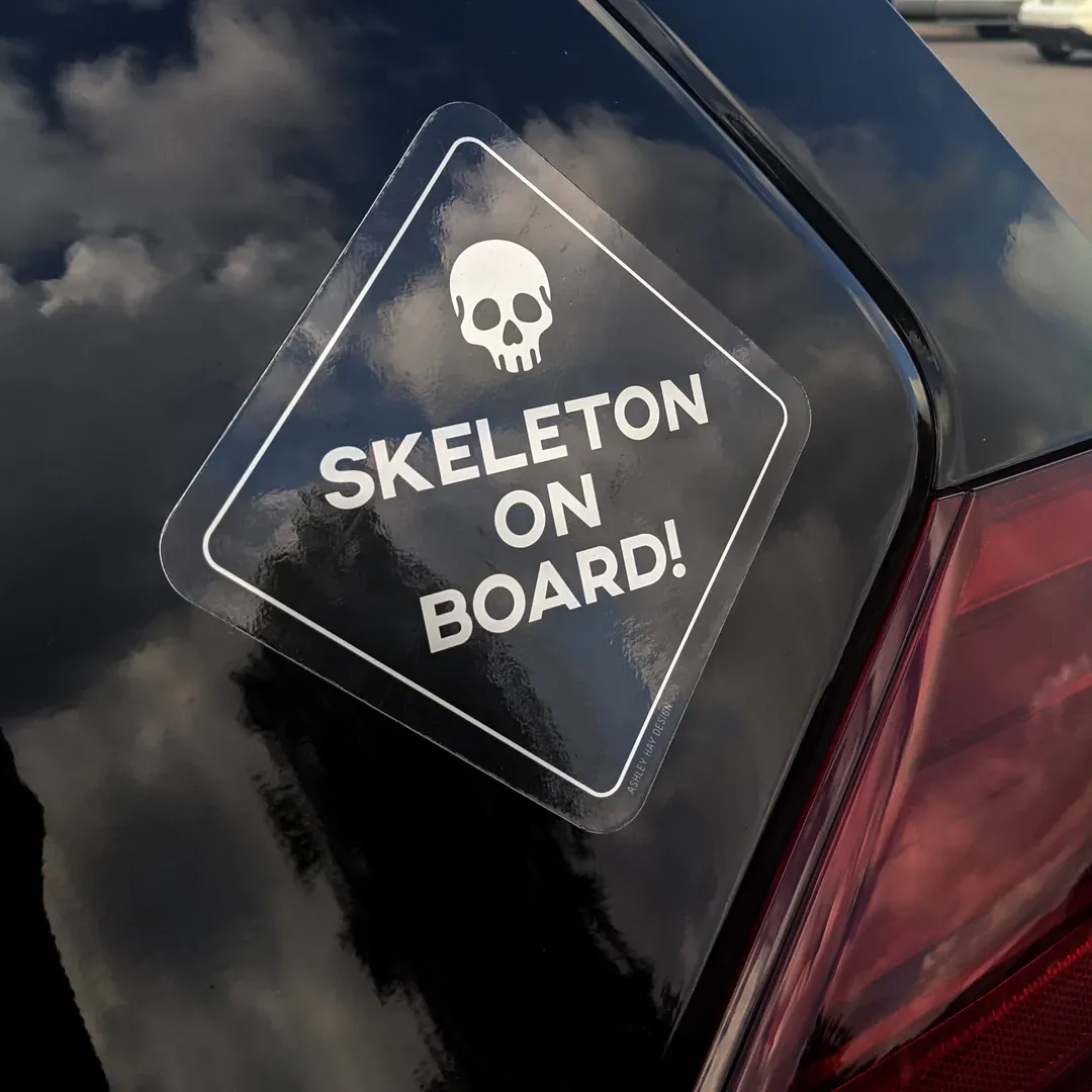 ASHLEY HAY DESIGN SKELETON ON BOARD CAR MAGNET