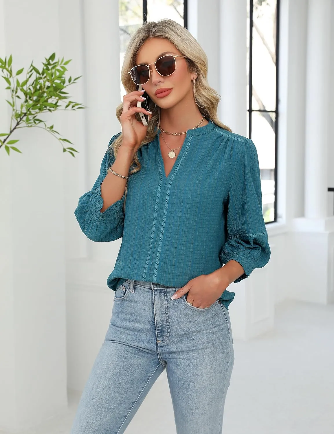 Blooming Jelly Womens Dressy Business Casual Tops Trendy 3/4 Length Sleeve Shirts Cute Summer Blouses Work Outfits
