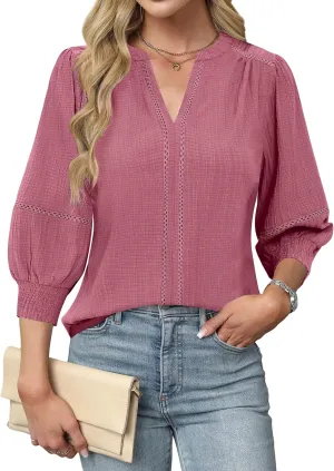 Blooming Jelly Womens Dressy Business Casual Tops Trendy 3/4 Length Sleeve Shirts Cute Summer Blouses Work Outfits