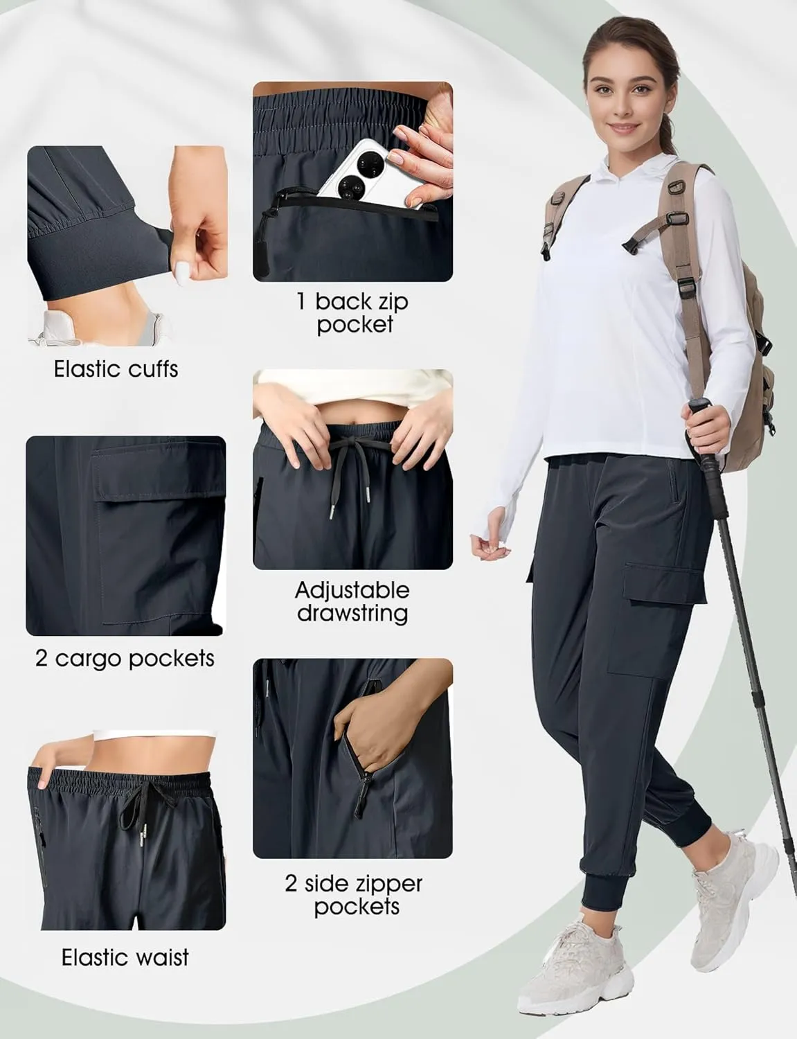 Buauty Womens Joggers Quick Dry Lightweight Cargo Joggers Hiking Pants with Pockets Elastic Waist for Travel and Camping