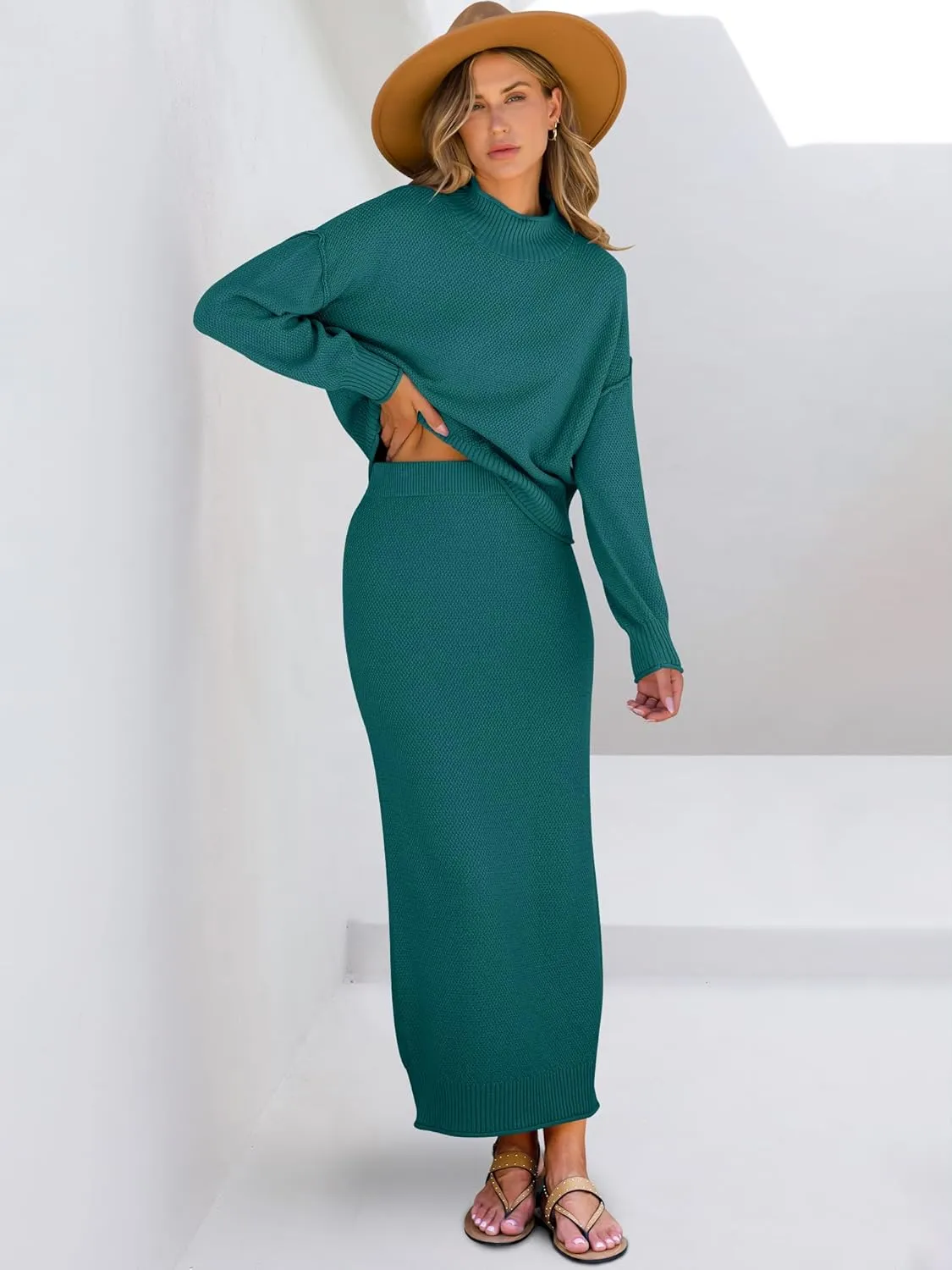 Caracilia Women's 2 Piece Outfits Sweater Skirt Sets Long Sleeve Oversized Tops Matching Maxi Skirts 2024 Knit Fall Dress