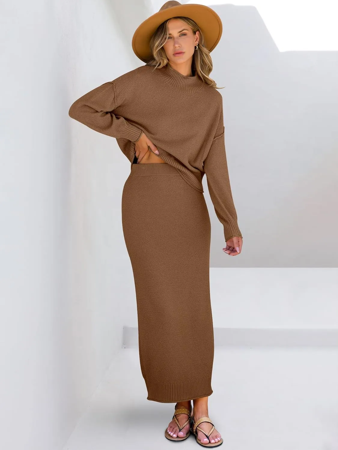 Caracilia Women's 2 Piece Outfits Sweater Skirt Sets Long Sleeve Oversized Tops Matching Maxi Skirts 2024 Knit Fall Dress