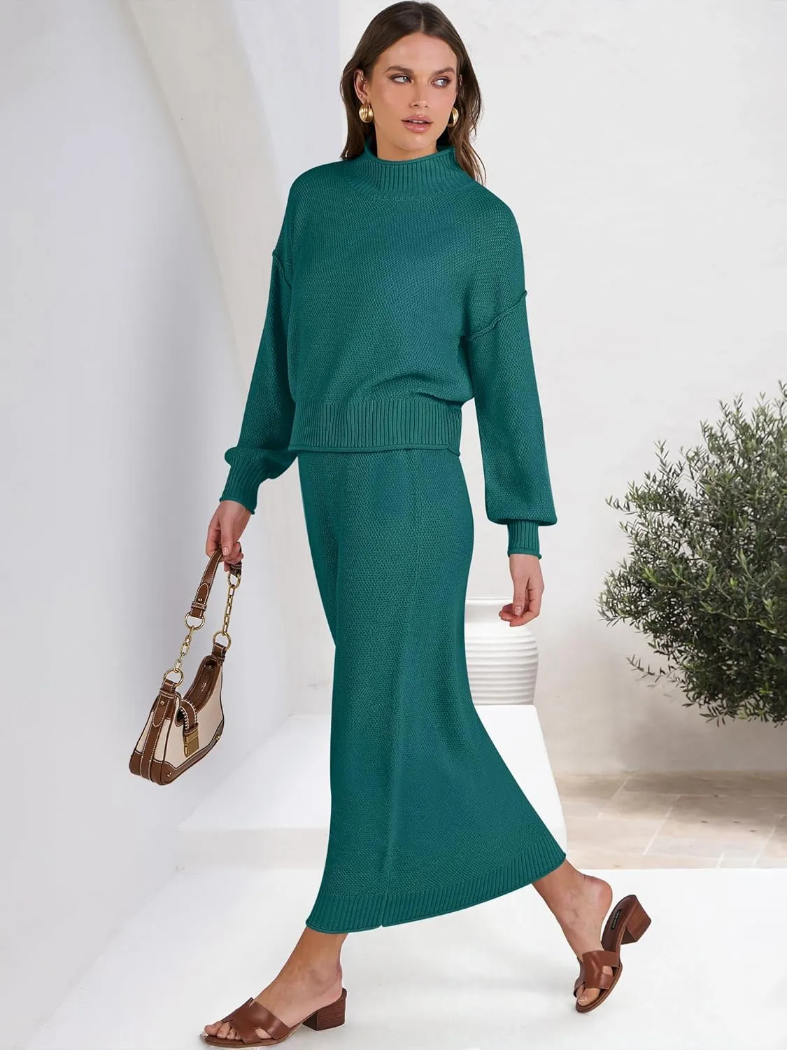 Caracilia Women's 2 Piece Outfits Sweater Skirt Sets Long Sleeve Oversized Tops Matching Maxi Skirts 2024 Knit Fall Dress