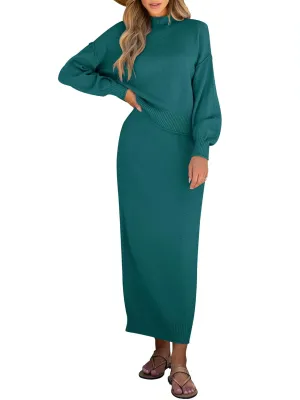 Caracilia Women's 2 Piece Outfits Sweater Skirt Sets Long Sleeve Oversized Tops Matching Maxi Skirts 2024 Knit Fall Dress