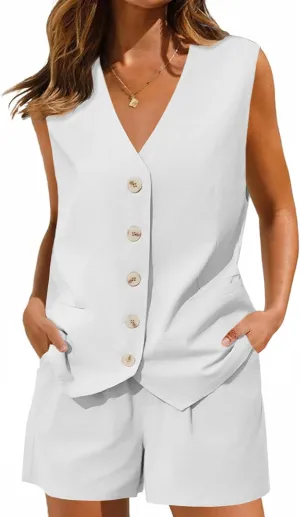 Cicy Bell Womens Summer Blazer Vest 2 Piece Sets V Neck Sleeveless Button Down Waistcoat and High Waisted Work Suit Short Set