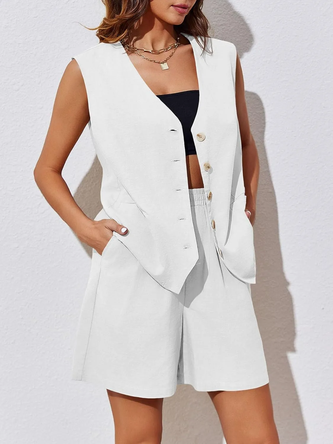 Cicy Bell Womens Summer Blazer Vest 2 Piece Sets V Neck Sleeveless Button Down Waistcoat and High Waisted Work Suit Short Set