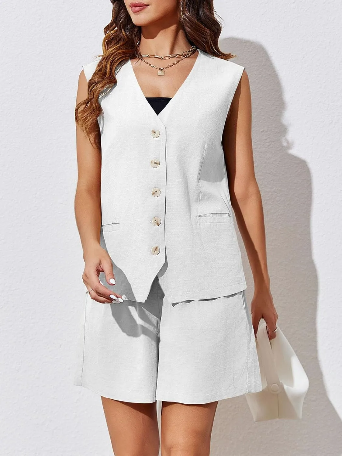 Cicy Bell Womens Summer Blazer Vest 2 Piece Sets V Neck Sleeveless Button Down Waistcoat and High Waisted Work Suit Short Set