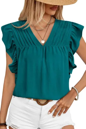 Clarisbelle Summer Women's Dressy Casual Business V Neck Blouses Pleated Ruffle Short Sleeve Trendy Tops