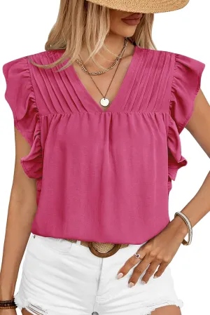 Clarisbelle Summer Women's Dressy Casual Business V Neck Blouses Pleated Ruffle Short Sleeve Trendy Tops