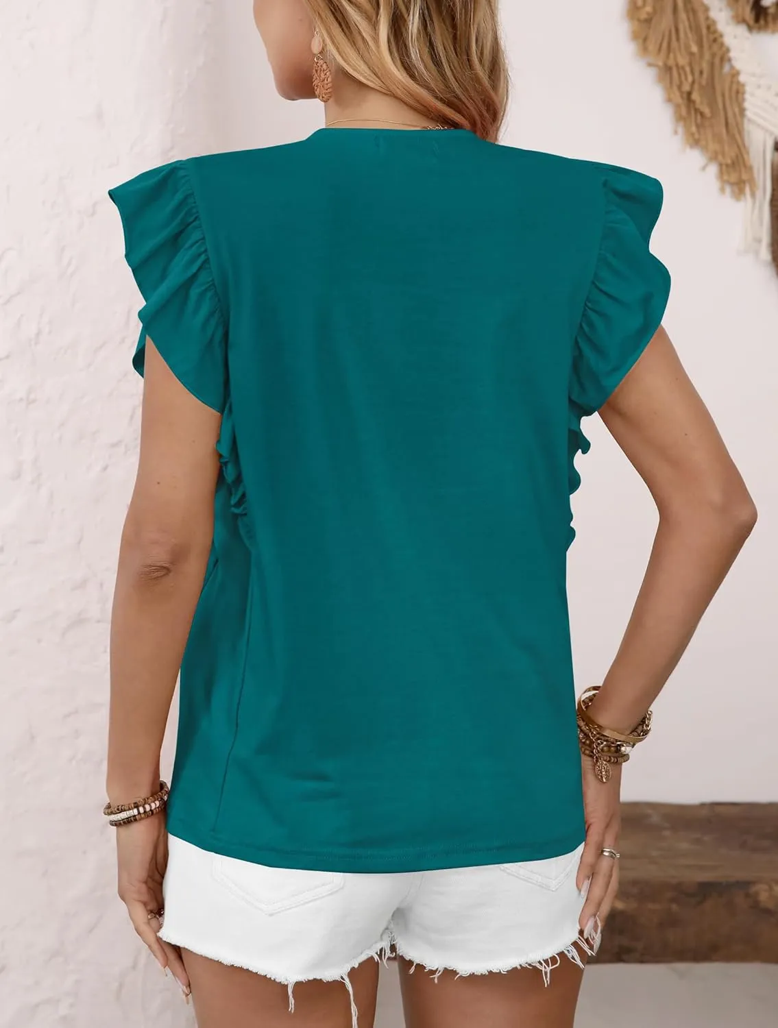 Clarisbelle Summer Women's Dressy Casual Business V Neck Blouses Pleated Ruffle Short Sleeve Trendy Tops