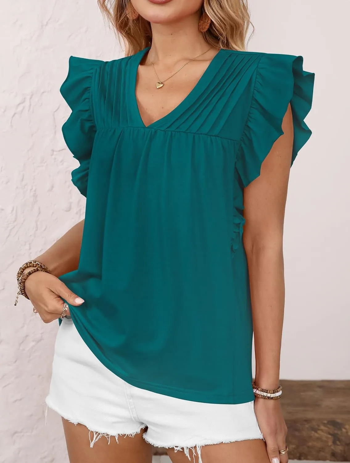 Clarisbelle Summer Women's Dressy Casual Business V Neck Blouses Pleated Ruffle Short Sleeve Trendy Tops