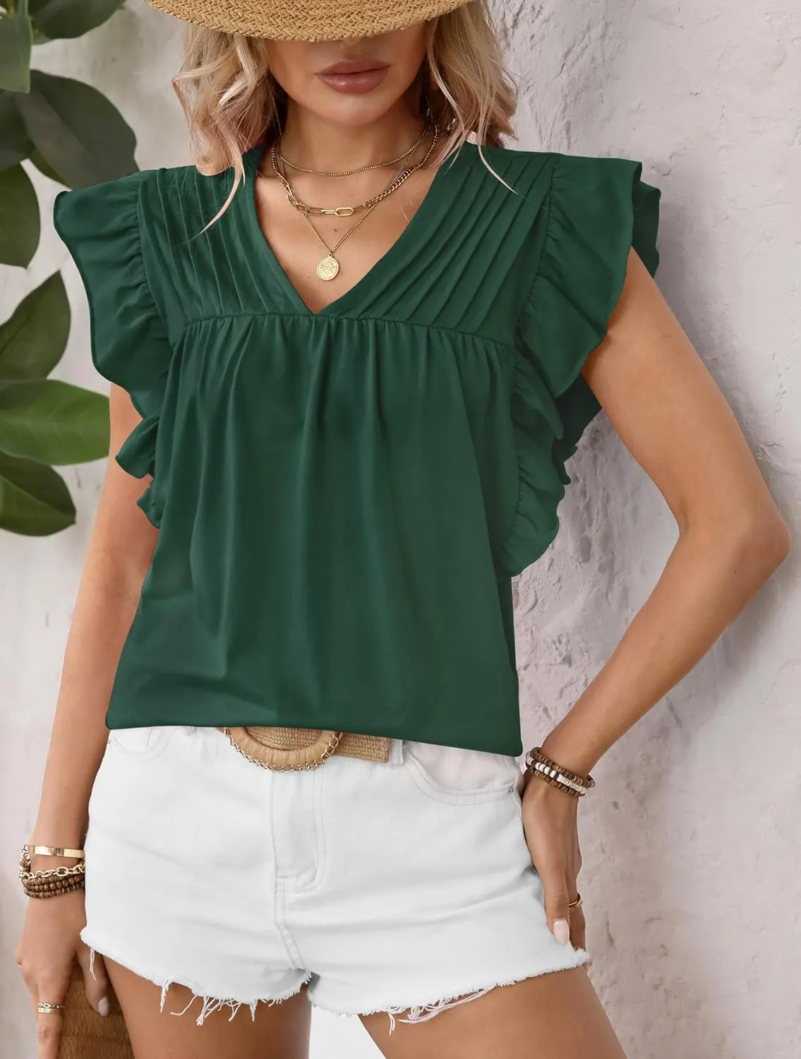 Clarisbelle Summer Women's Dressy Casual Business V Neck Blouses Pleated Ruffle Short Sleeve Trendy Tops