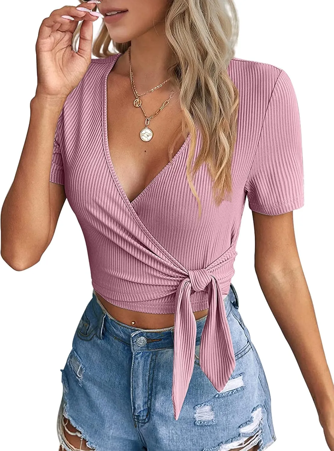 Crop Tops for Women Summer Cute Tops with Deep V Neck Shirts Sexy Unique Cross Wrap Slim Fit Tie Up Front Short Sleeve
