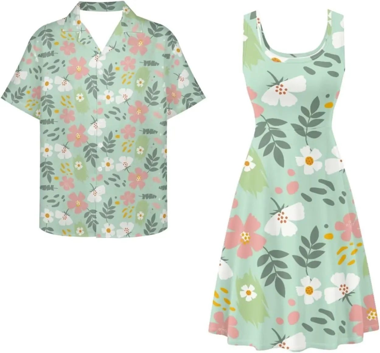 Dreaweet Summer Dresses for Women A-Line Sleeveless Flowy Sun Dresses,Men's Casual Button-Down Shirts,Couple Matching Outfits