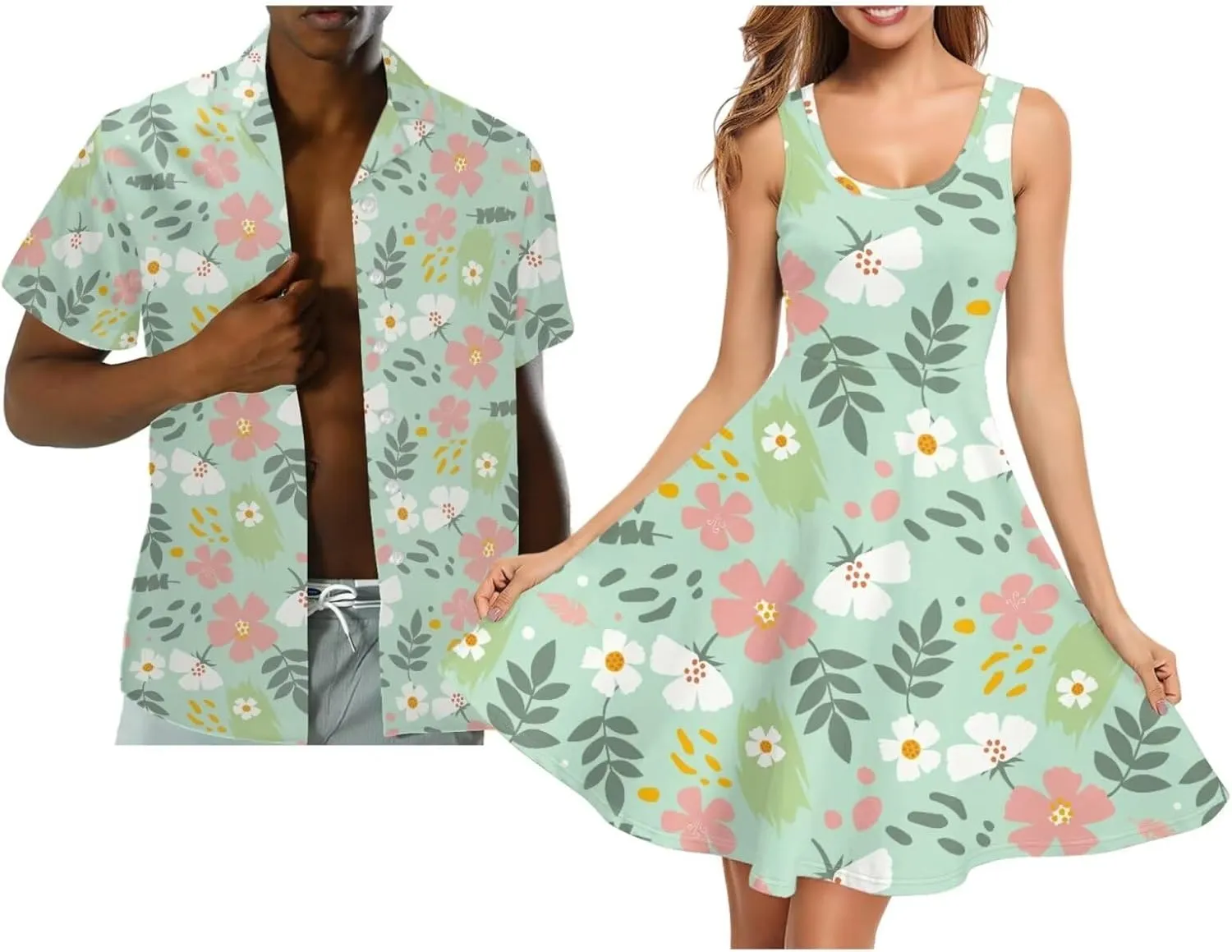 Dreaweet Summer Dresses for Women A-Line Sleeveless Flowy Sun Dresses,Men's Casual Button-Down Shirts,Couple Matching Outfits