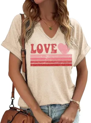 Earlymemb Womens Lover Heart Graphic V Neck Shirt Valentines Funny Couple Matching Casual Short Sleeve Tee Tops