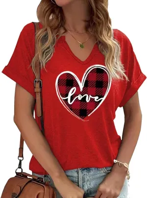 Earlymemb Womens Lover Heart Graphic V Neck Shirt Valentines Funny Couple Matching Casual Short Sleeve Tee Tops
