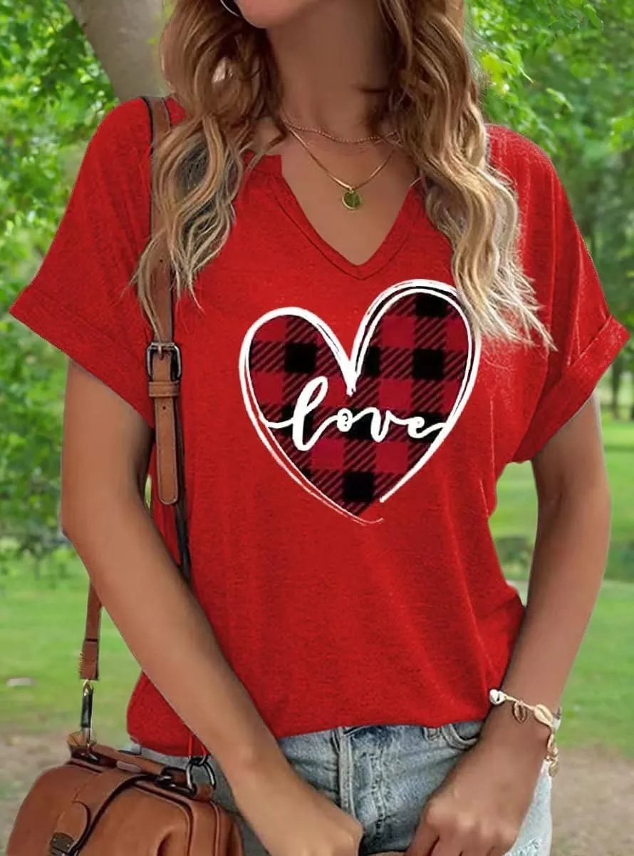 Earlymemb Womens Lover Heart Graphic V Neck Shirt Valentines Funny Couple Matching Casual Short Sleeve Tee Tops