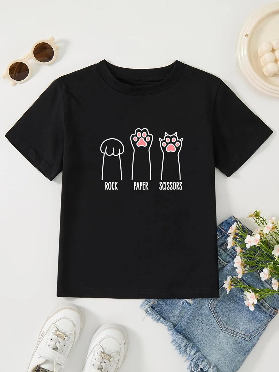 Girl's Rock Paper Scissors Cute Paw Funny Cat T-Shirt