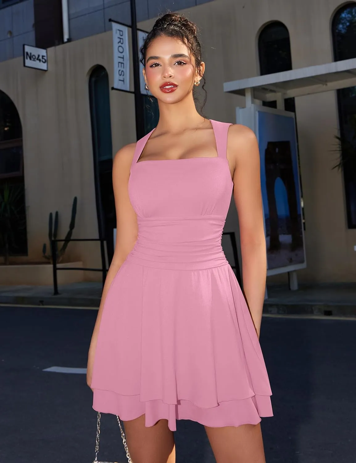 GOKATOSAU Women's Square Neck Sleeveless Bodycon Ruched Waist Flowy A-Line Ruffle Hem Mini Dress