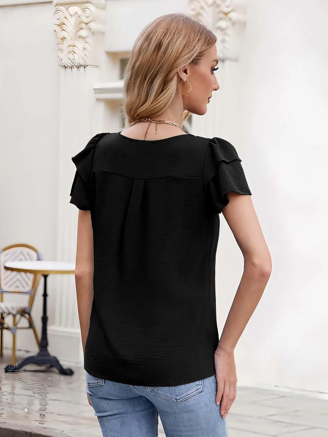 Gracyoga Womens 2025 Dressy Casual Blouses Ruffle Short Sleeve T Shirts Pleated Crew Neck Tops