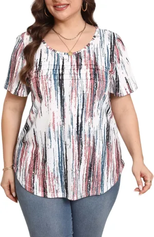 HBEYYTO Womens Plus Size Tops Short Sleeve Pleated T shirts Dressy Casual Scooped Neck Flowy Loose Floral Blouses 1X-5X