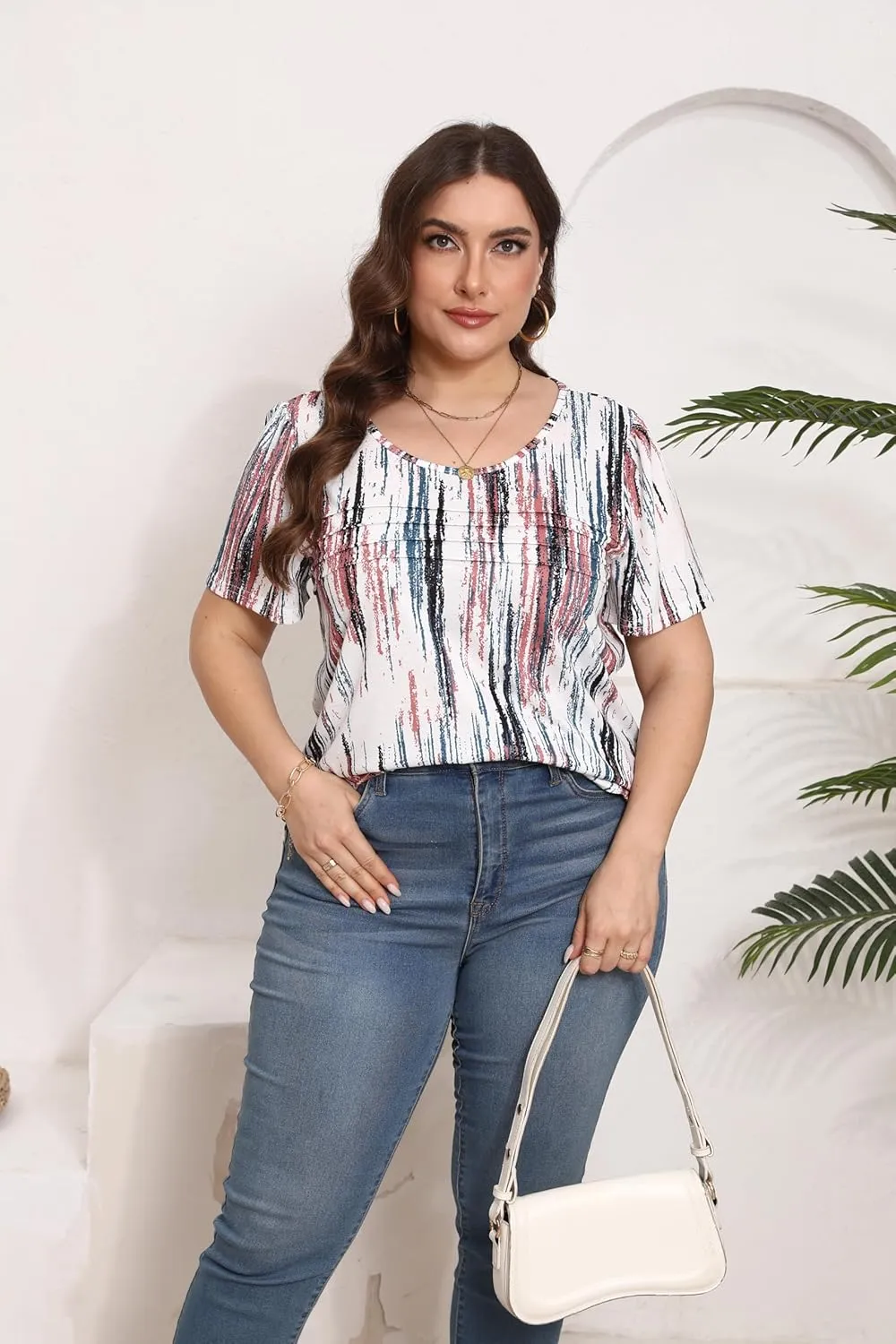 HBEYYTO Womens Plus Size Tops Short Sleeve Pleated T shirts Dressy Casual Scooped Neck Flowy Loose Floral Blouses 1X-5X