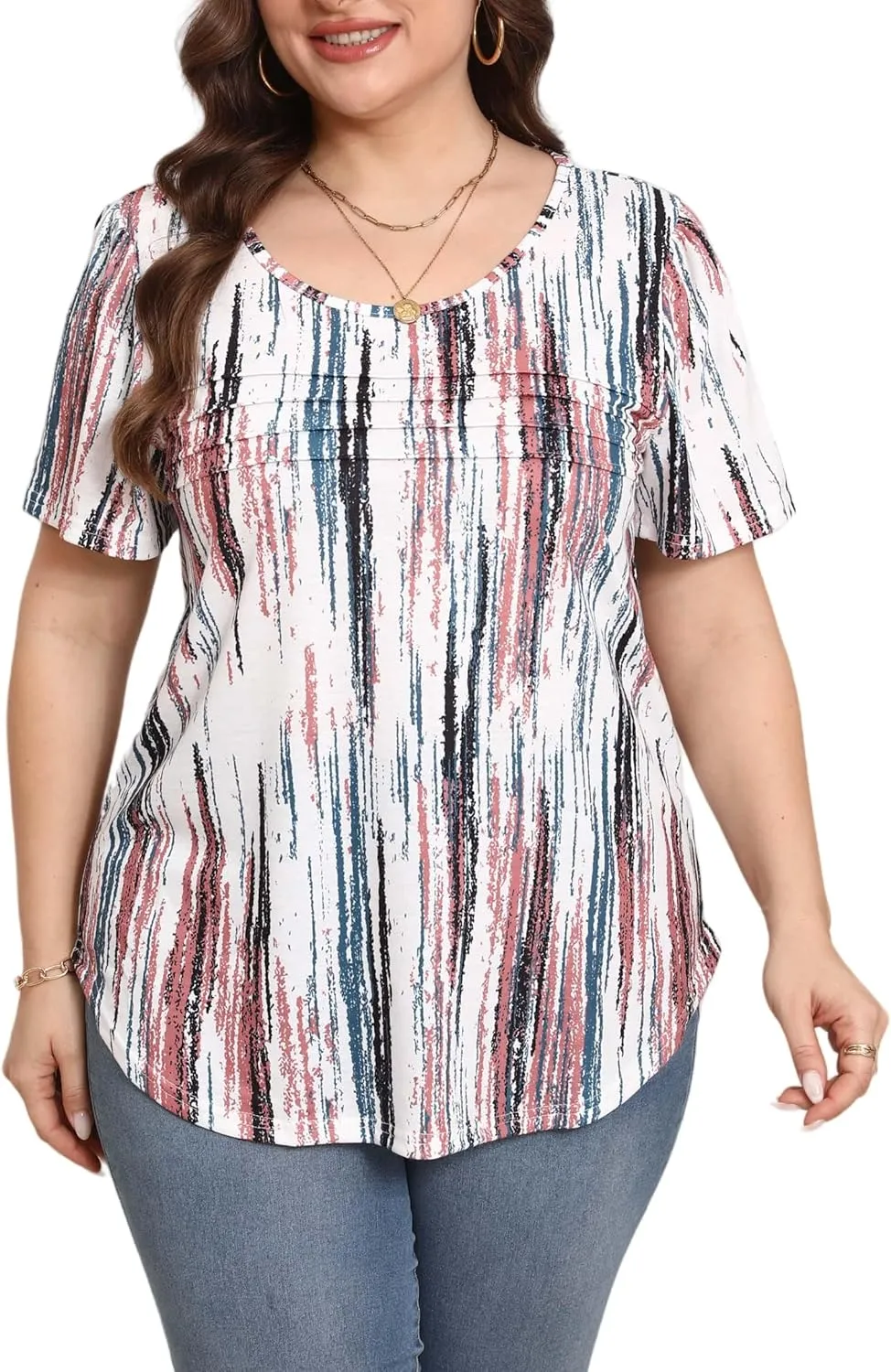 HBEYYTO Womens Plus Size Tops Short Sleeve Pleated T shirts Dressy Casual Scooped Neck Flowy Loose Floral Blouses 1X-5X