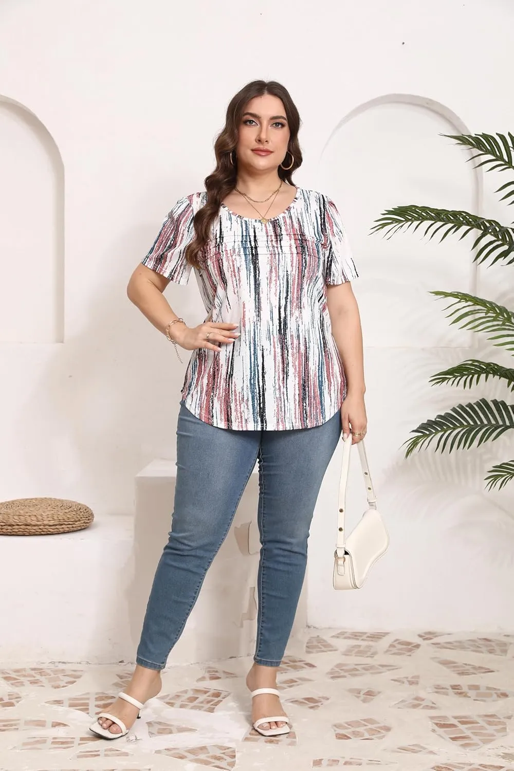 HBEYYTO Womens Plus Size Tops Short Sleeve Pleated T shirts Dressy Casual Scooped Neck Flowy Loose Floral Blouses 1X-5X