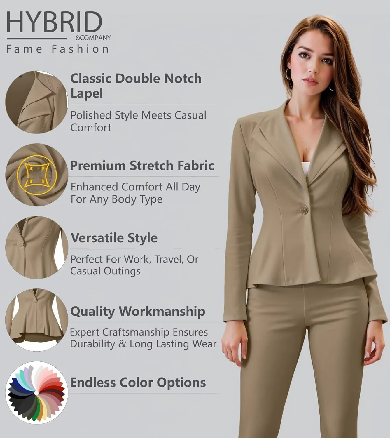 Hybrid & Company Women's Casual Work Office Dressy Double Lapel Single Button Peplum Comfortable Blazer