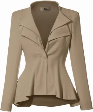 Hybrid & Company Women's Casual Work Office Dressy Double Lapel Single Button Peplum Comfortable Blazer