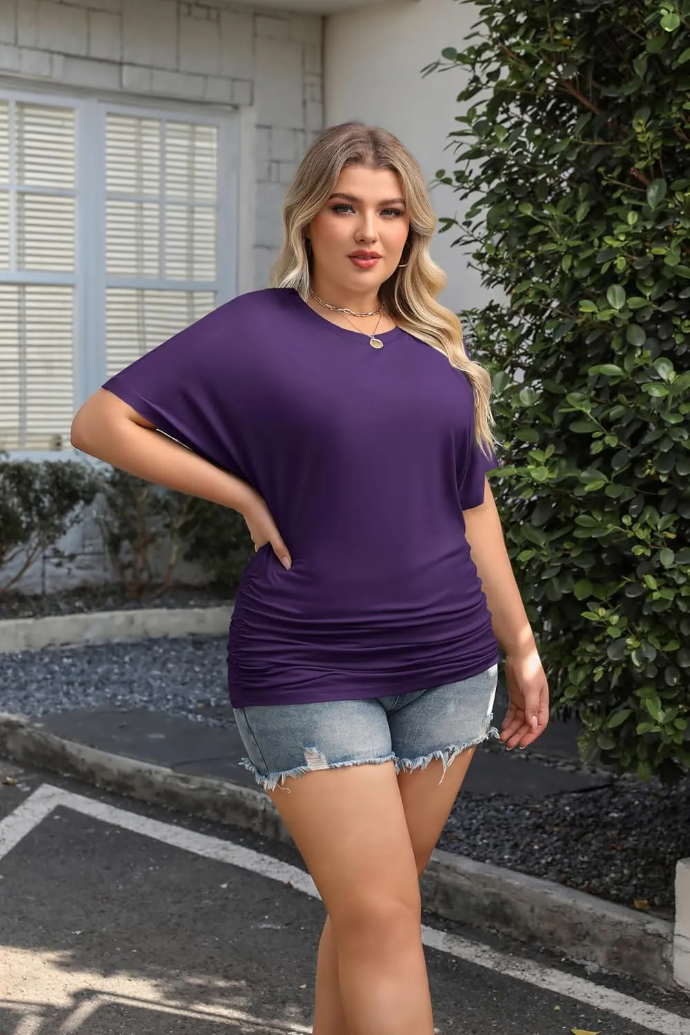 IN'VOLAND Women's Plus Size Casual Short Sleeve Dolman Top Boat Neck T Shirts