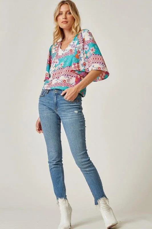 Island Getaway- print flutter sleeve top