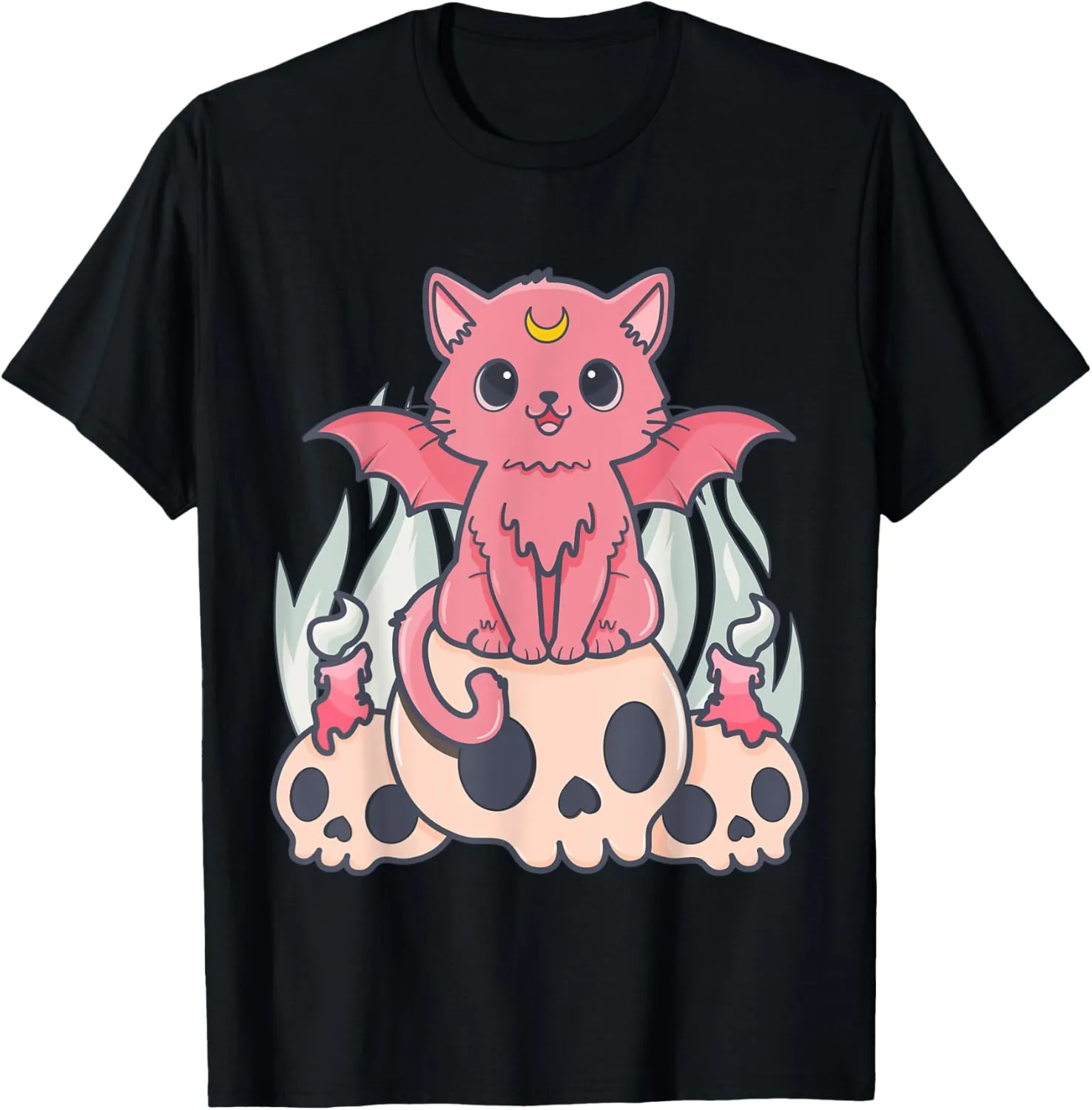 Kawaii Pastel Goth Cute Creepy Demon Cat and Skull Anime Art T-Shirt