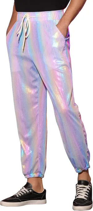 Lars Amadeus Metallic Pants for Men's Sparkle Rainbow Sweatpants Disco Holographic Pants