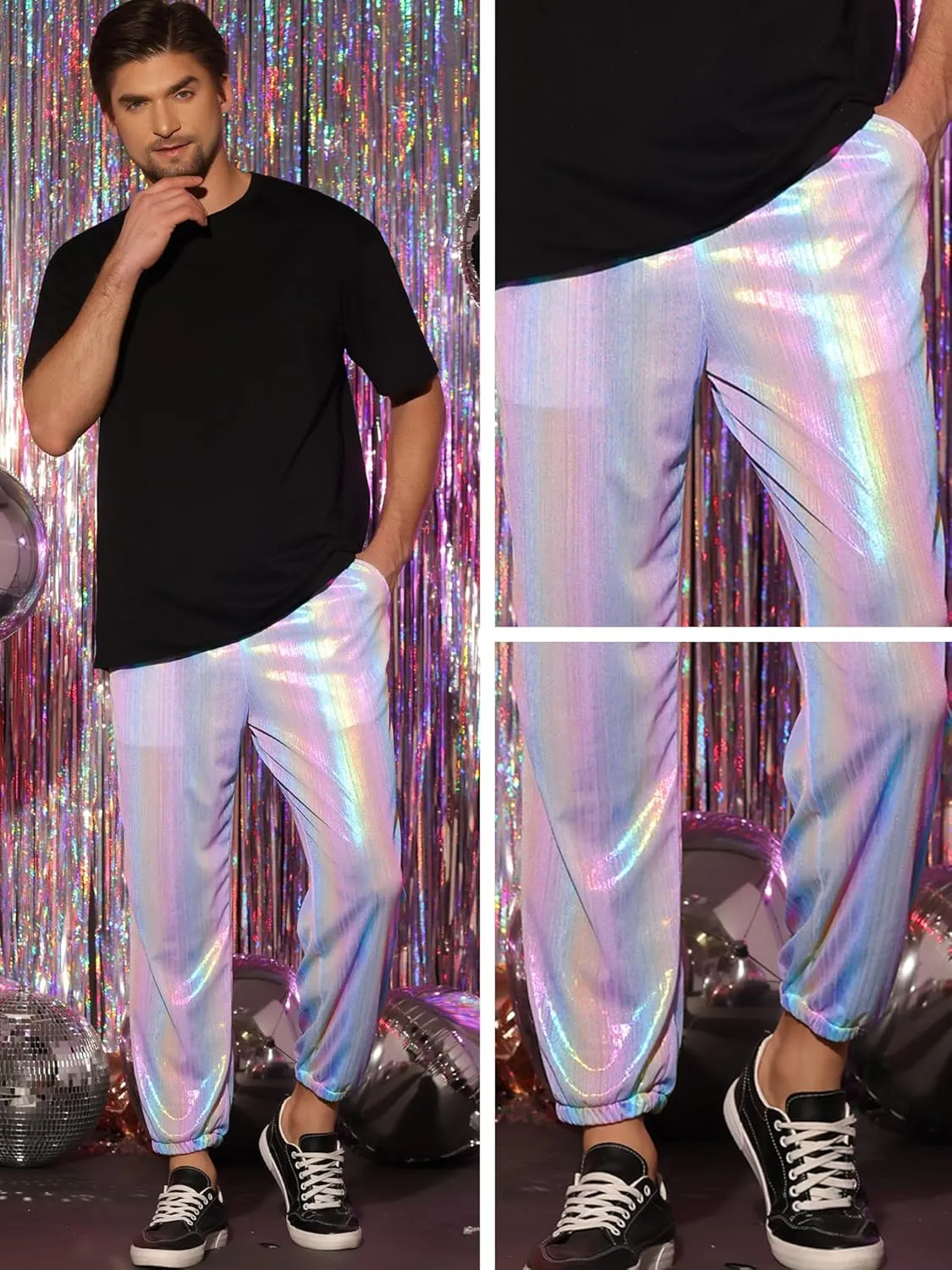 Lars Amadeus Metallic Pants for Men's Sparkle Rainbow Sweatpants Disco Holographic Pants