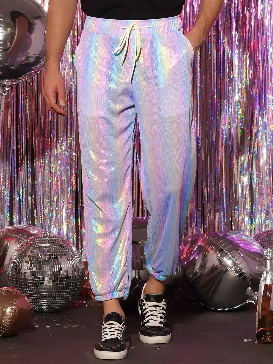 Lars Amadeus Metallic Pants for Men's Sparkle Rainbow Sweatpants Disco Holographic Pants