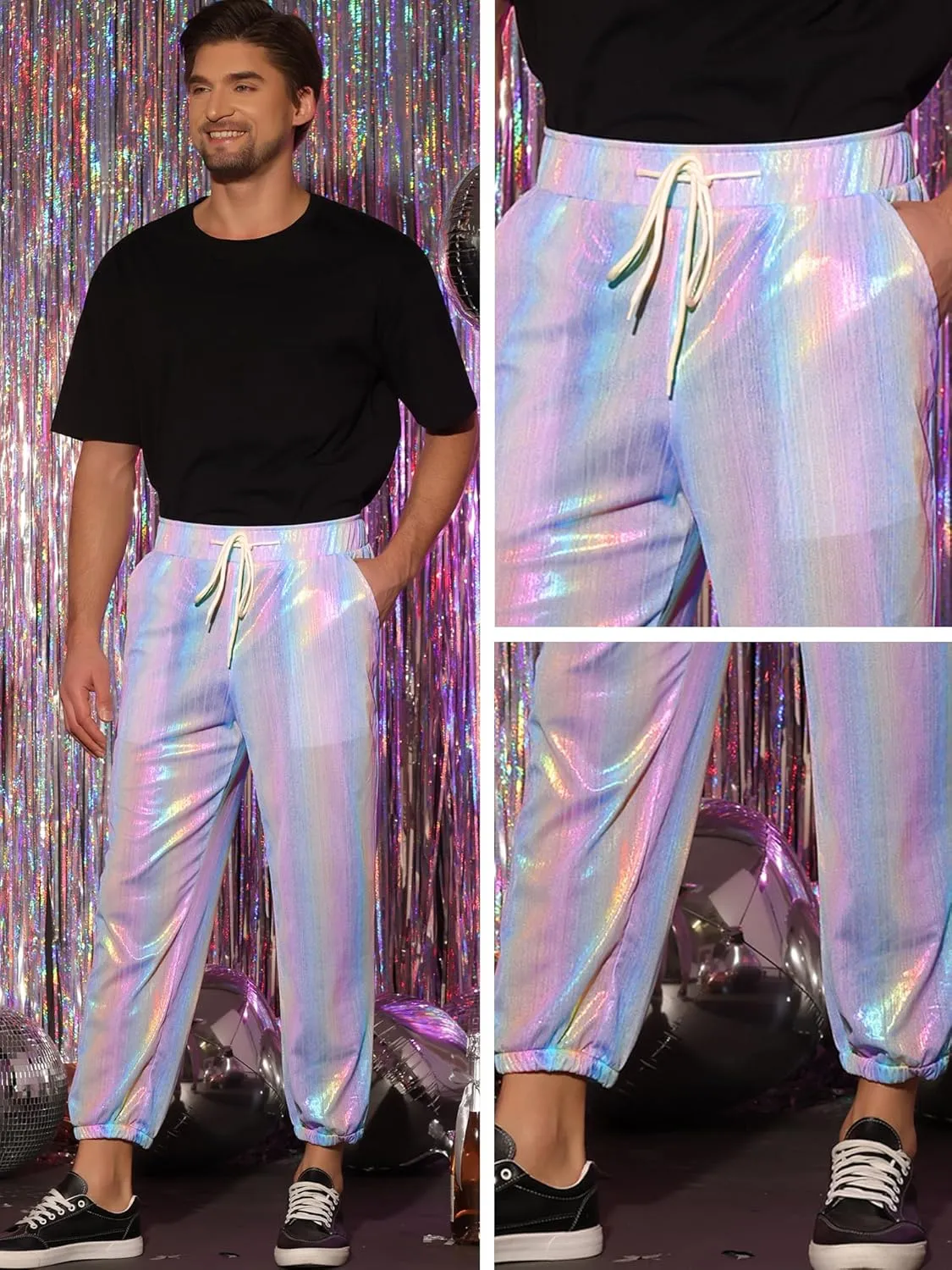 Lars Amadeus Metallic Pants for Men's Sparkle Rainbow Sweatpants Disco Holographic Pants