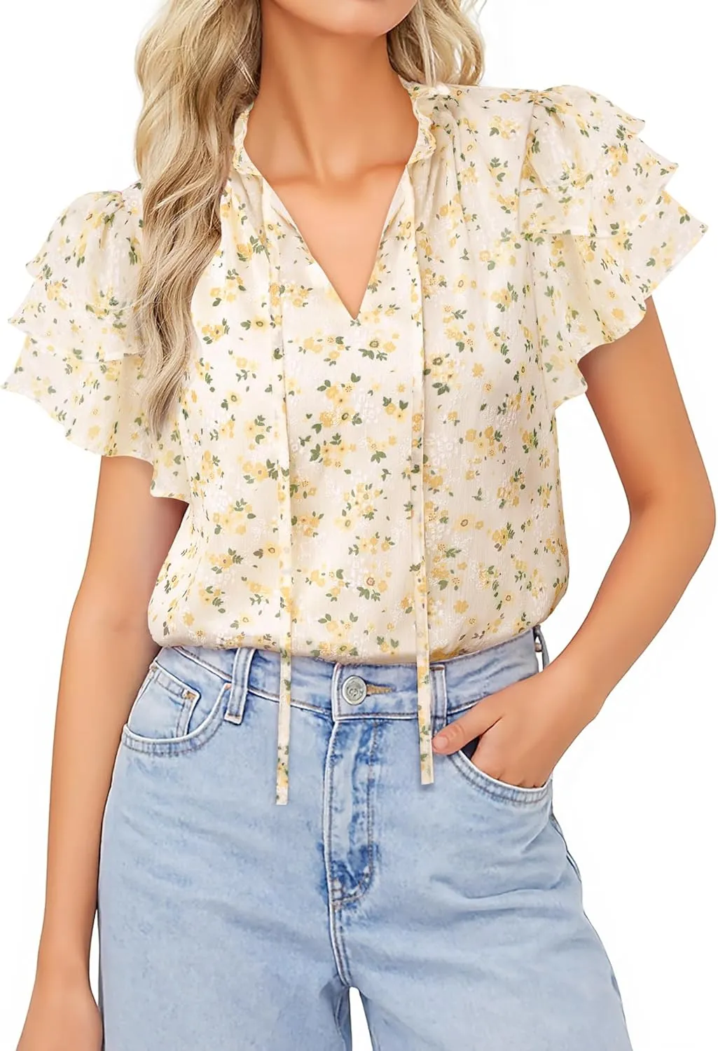 Lotusmile Summer Chiffon Dressy Casual Blouses Elegant Ruffle Short Sleeve Work Tops for Women Trendy