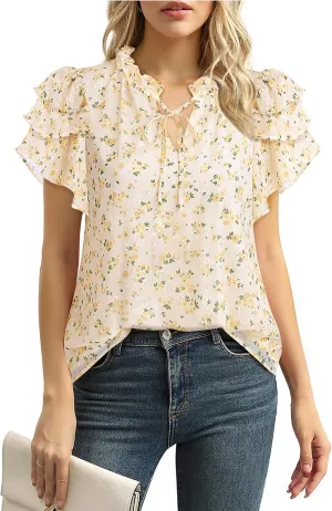 Lotusmile Summer Chiffon Dressy Casual Blouses Elegant Ruffle Short Sleeve Work Tops for Women Trendy