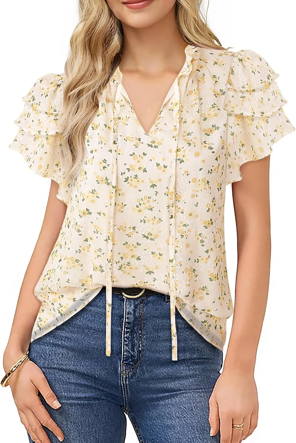 Lotusmile Summer Chiffon Dressy Casual Blouses Elegant Ruffle Short Sleeve Work Tops for Women Trendy