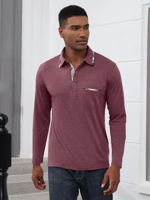 Mens Long Sleeve Polo Shirts Casual Button Moisture Cotton Tees Stylish Tops Golf Shirts with Pocket