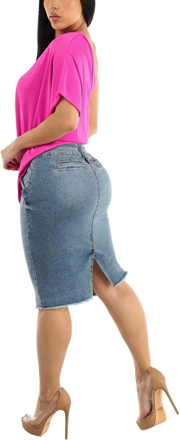 Moda Xpress Women's Stretchy Butt Lifting High Waisted Slim Fit Stylish Knee Length Soft Denim Pencil Skirt