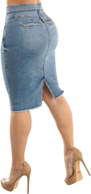 Moda Xpress Women's Stretchy Butt Lifting High Waisted Slim Fit Stylish Knee Length Soft Denim Pencil Skirt