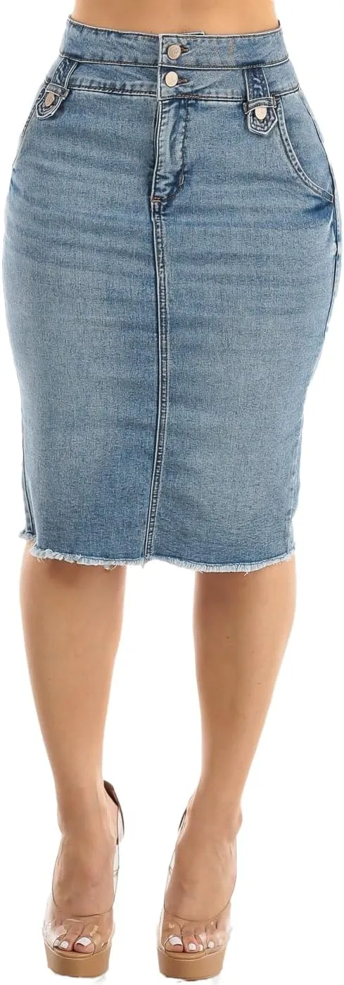 Moda Xpress Women's Stretchy Butt Lifting High Waisted Slim Fit Stylish Knee Length Soft Denim Pencil Skirt