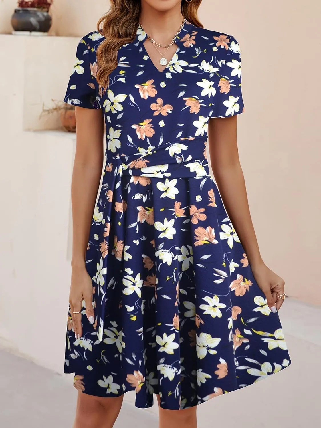 Mokayee Womens Summer Short Sleeve V Neck Fit and Flare A Line Business Casual Wedding Guest Work Dresses with Pockets
