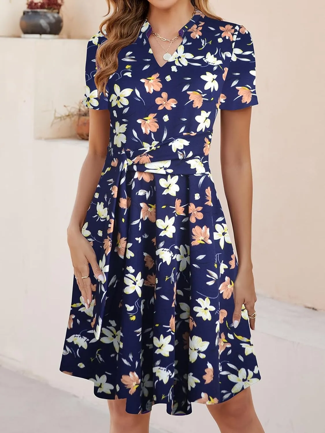Mokayee Womens Summer Short Sleeve V Neck Fit and Flare A Line Business Casual Wedding Guest Work Dresses with Pockets