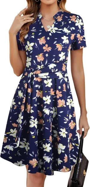 Mokayee Womens Summer Short Sleeve V Neck Fit and Flare A Line Business Casual Wedding Guest Work Dresses with Pockets