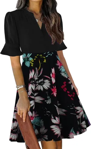 Mokayee Womens Summer V Neck Ruffle Short Sleeve Fit and Flare Knee Length Church Wedding Guest Dresses with Pockets